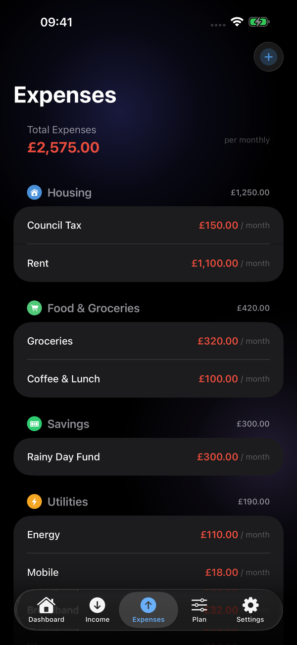 Expense tracking screen showing categorised recurring expenses