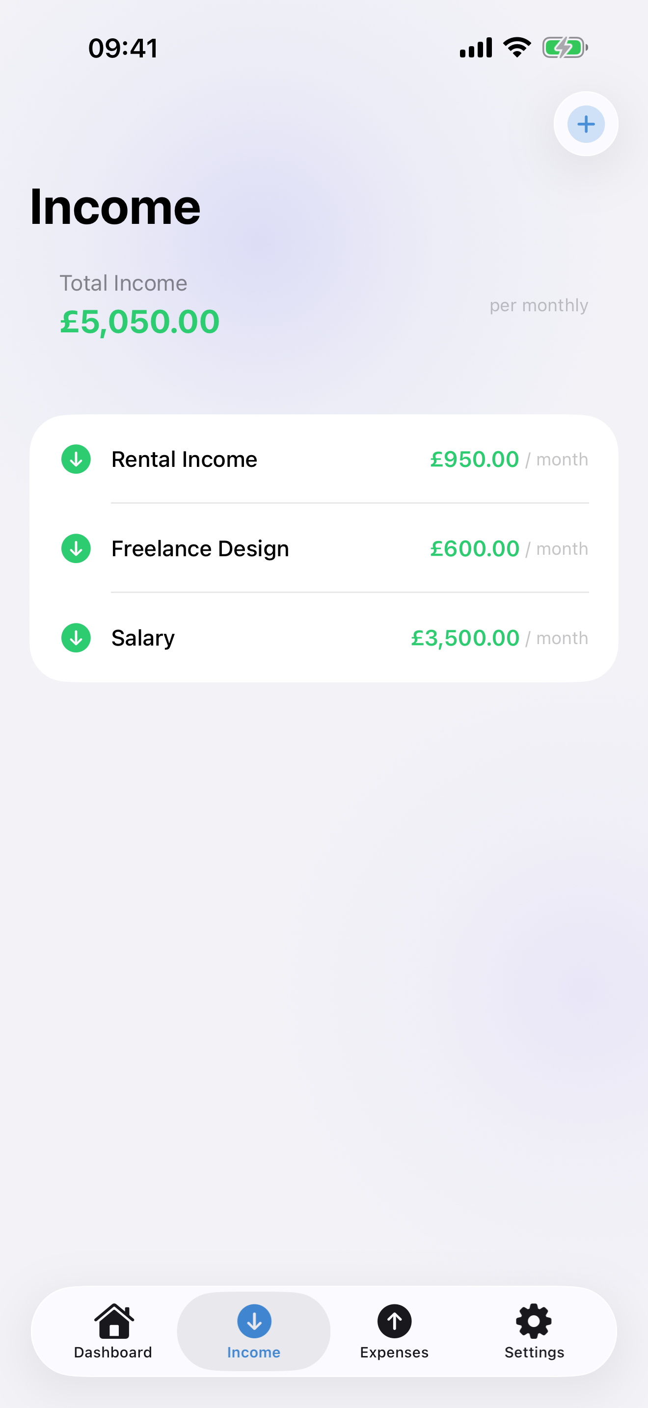 Income tracking screen showing salary, freelance, and rental income
