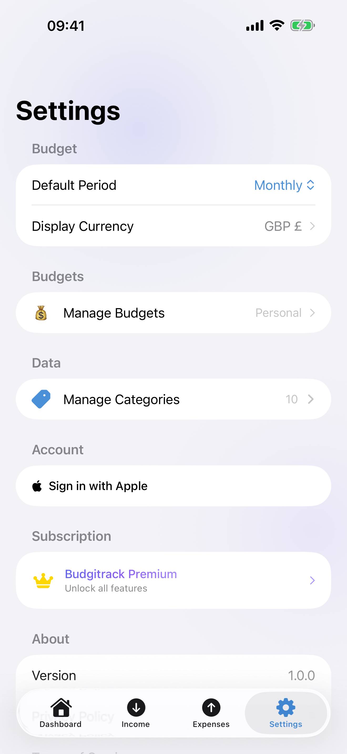 Settings screen showing budget preferences, categories, and subscription options